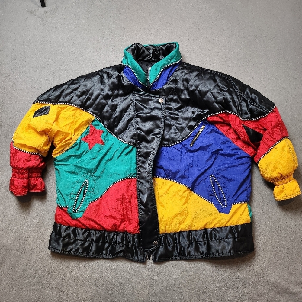 Vintage 90s Bold Colorblock Satin Bomber Jacket Quilted Multicolor Stars